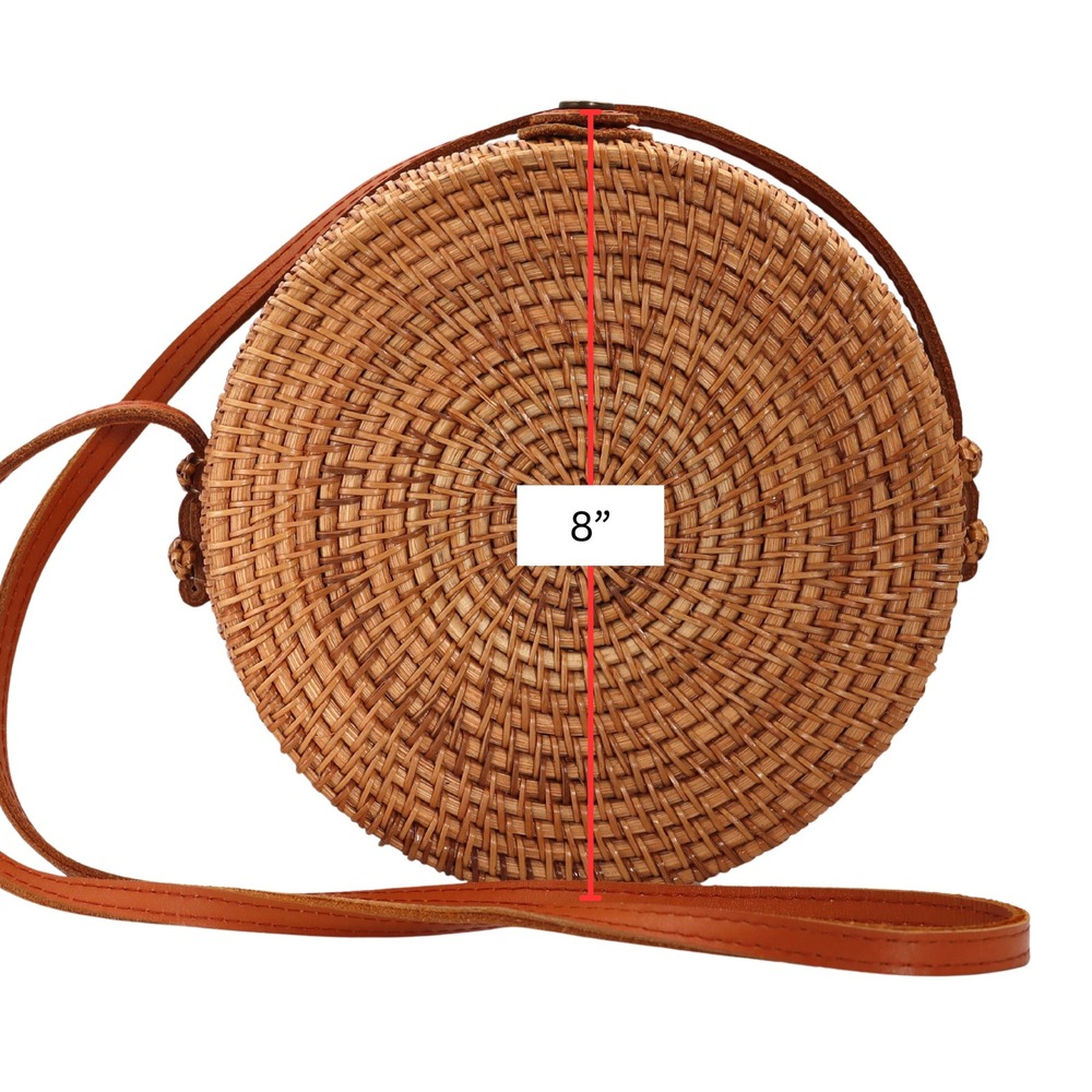Rattan Crossbody Bag Circular Women Woven Floral Lining Boho Summer Beach Purse - Picture 8 of 9